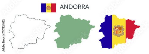 Andorra geographical borders isolated on white background. Flag of Andorra. Vector flat cliparts.