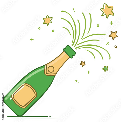 Exploding champagne bottle with a celebratory spray and stars cartoon vector illustration
