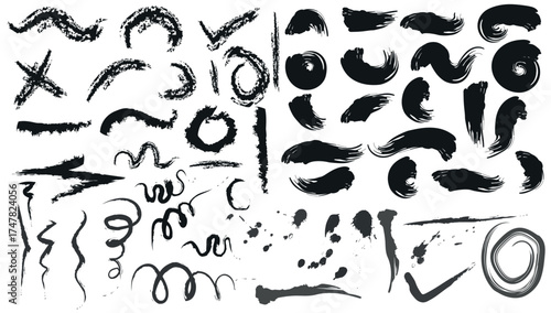 Distressed Brush Strokes Vector Set - Grunge Ink Splatter and Hand Drawn Black Paint Elements, Large Collection of Grungy Ink Brush Swirls, Marks, and Splatter, Abstract Hand-Painted Black Brushwork