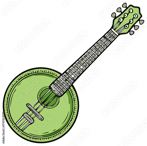 Vibrant green cartoon banjo musical instrument for folk music illustration