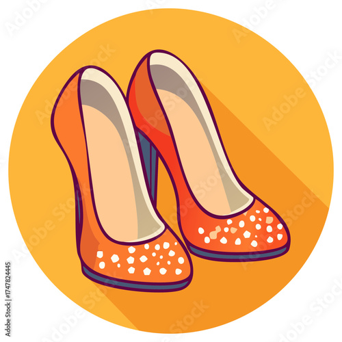 Vibrant orange high heels with polka dots in a modern flat design style