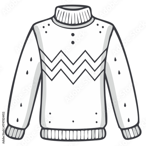 Hand-drawn white turtleneck sweater with zig-zag pattern and buttons, casual winter clothing