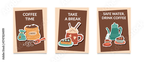 A coffee concept. A set of coffee cards with coffee elements. Concept of taking a break. Vector flat posters.