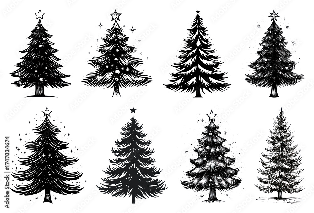 Obraz premium PNG Vintage Christmas tree illustrations, element set on transparent background