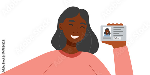 Identity and protection concept. Woman holding a document and taking a photo of herselth isolated on white background. Vector flat clipart.