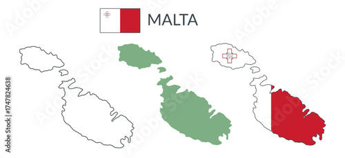 Malta republic geographical borders isolated on white background. Flag of Malta. Vector flat cliparts.