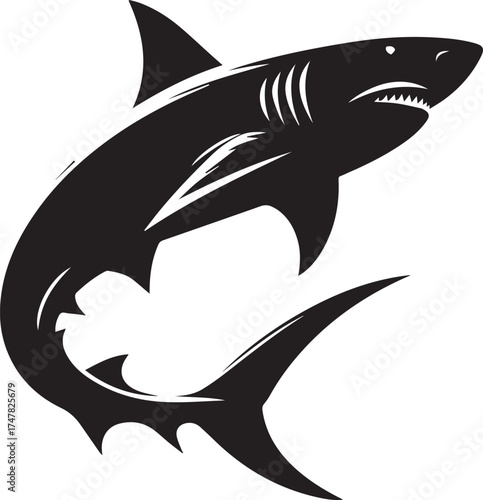 Striking black and white shark illustration for logo design and ocean themes