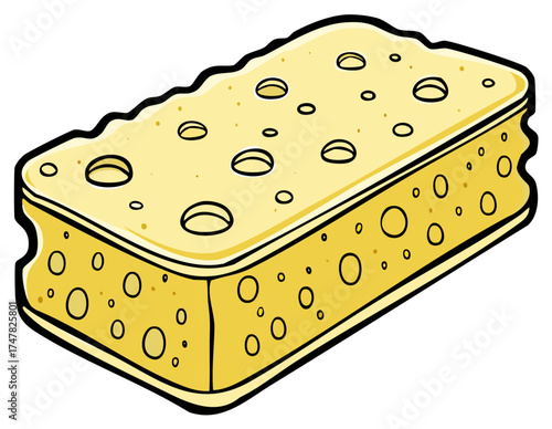 Bright yellow rectangular porous cleaning sponge cartoon illustration