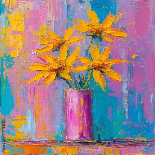 Vibrant Yellow Flowers in Pink Vase Impasto Painting