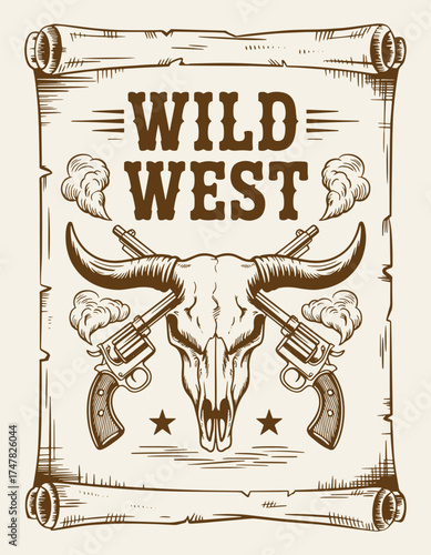 Vintage Wild West Poster Frame with Bull Skull and Revolvers, Hand-Drawn Sketch in Rustic Monochrome Engraving Style, Detailed Vector Line Art