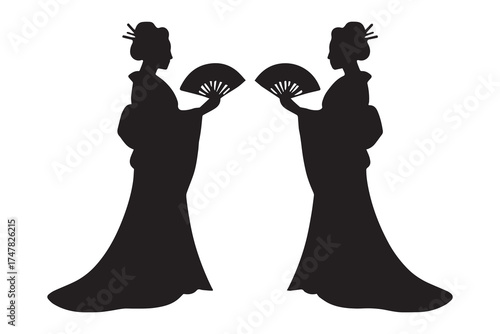 Two elegant geisha silhouettes holding traditional fans in a symmetrical pose against a white background