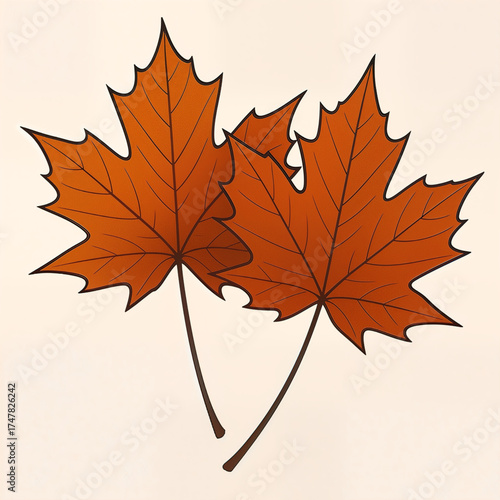A pair of elegant orange and brown maple leaves captured in a vector illustration, perfect for autumn and fall seasonal designs