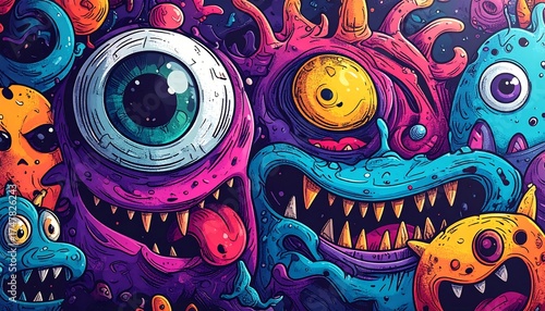 Vivid digital artwork of various cartoon monster faces, quirky & colorful