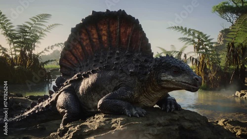 Majestic Dimetrodon Rests in a Sunlit Early Permian Swamp. Dramatic Sail and Steaming Earth