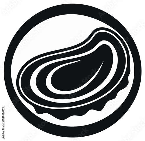 Stylized oyster icon in a circle simple black and white graphic logo for seafood