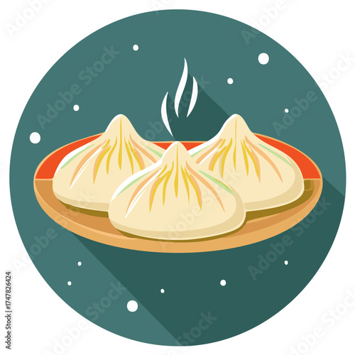 Steaming Khinkali dumplings illustration, georgian cuisine icons on plate in round circle