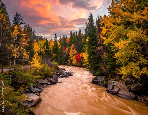 Vivid autumn foliage lines a rushing river under a colorful sunset
