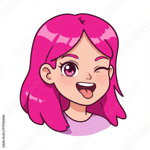 Vector art of cute cartoon girl with bright pink hair winking and sticking out her tongue