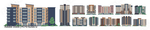Multistorey apartment buildings set. Multi-storey high-rise residential houses, blocks of flats exteriors, facades. Modern city real estate, property. Vector illustrations isolated on white background