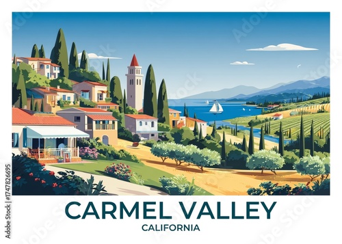 Carmel Valley, California Flat Retro Poster illustration, Landscape Travel Wall Art, Vintage High quality prints