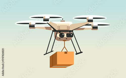 Drone delivery service aerial package shipping quadcopter flying with cardboard box isolated on light gradient background technology concept