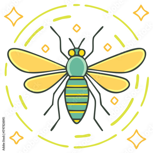 Stylized Mosquito Graphic with Yellow Wings and Decorative Elements