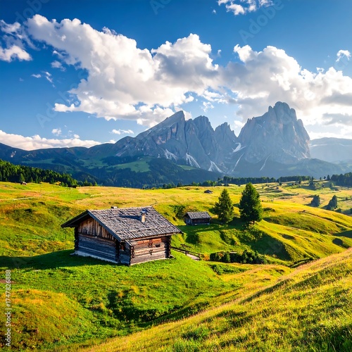 Vivid landscape featuring a small cabin in rolling green hills beneath mountains