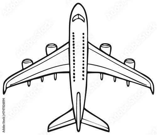 Simple black and white outline drawing of a large passenger airplane top view for travel and aviation