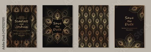 Golden peacock feathers on a black background. Modern luxury wedding invitation design or card templates for business or presentation or greeting.
