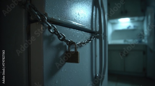 Food insecurity and restricted access symbolized by a refrigerator locked with chains and a padlock, highlighting themes of control, scarcity, and household tension.
