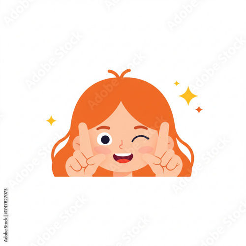 Vector art of cute cartoon girl winking and showing peace sign