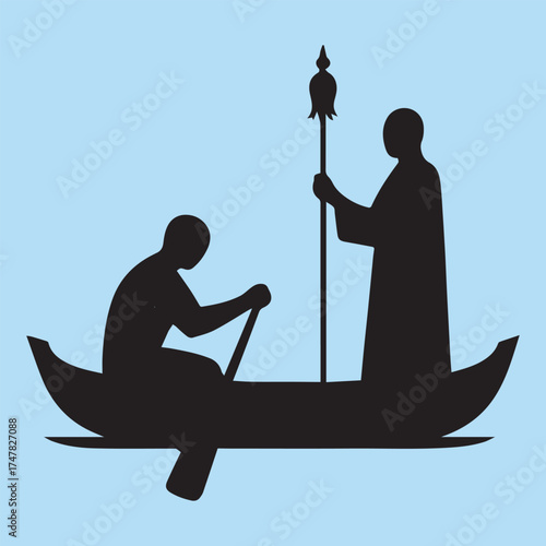 Silhouette of two monks in a boat one rowing and the other holding a ceremonial staff