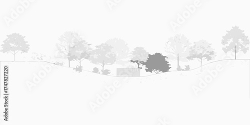Minimalist architectural drawing of a modern building nestled within a stylized forest landscape