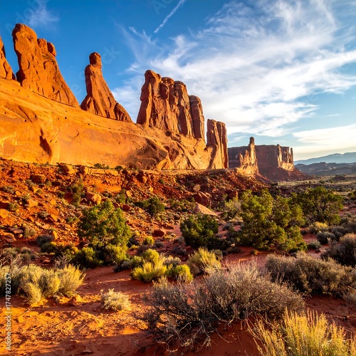 Vivid sunrise paints red rock formations and desert vegetation