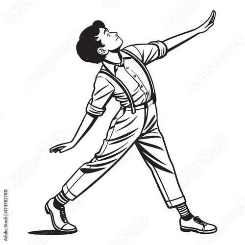 Retro style young person dancing with arms outstretched in a dynamic pose
