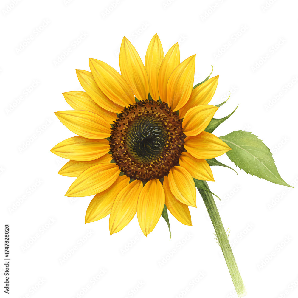 Fototapeta premium Isolated Realistic Sunflower Illustration Yellow Petals Green Stem Transparent Background