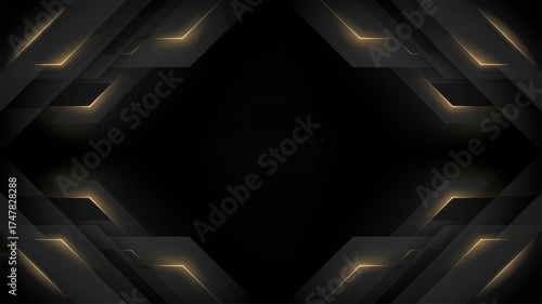 Abstract black background featuring modern geometric shapes and luxurious golden light accents.