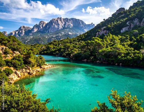 Vivid turquoise waters flow between lush hills and majestic mountains