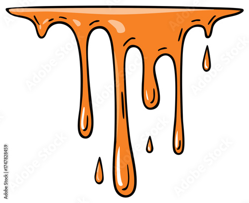 Bright orange liquid dripping and flowing down, a viscous substance with drops