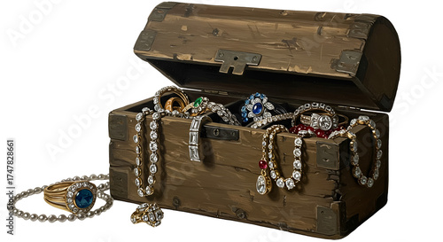 Isolated Realistic Treasure Chest Filled With Jewels And Gold Necklaces