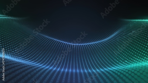 Abstract glowing blue and green digital grid forming a dynamic sine wave motion background