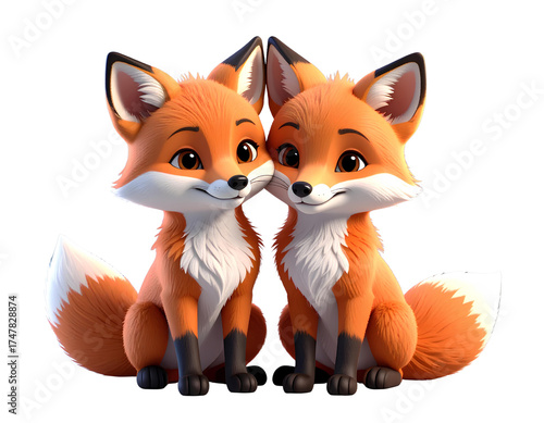 two cute fox couple having in love, 3D illustration on isolated background_