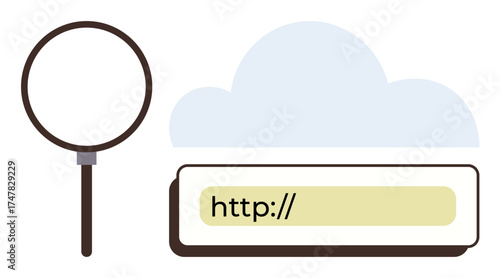 Magnifying glass, cloud, and HTTP URL bar visualize web search, internet browsing, cloud storage, and online exploration. Ideal for search concepts, technology, data research education digital