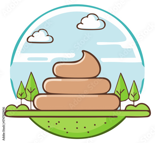 Cartoonish excrement scene outdoors with trees sky clouds in circle frame humor
