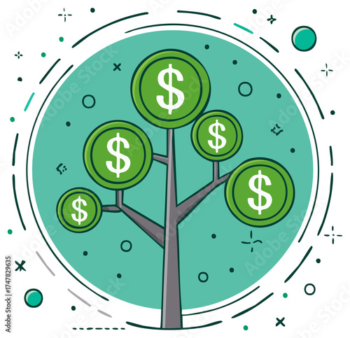 Money Tree Growing Wealth With Dollar Coins in Green Circle Decorative Background