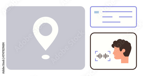 Large pin icon for geolocation, speech recognition of a person, and digital ID card. Ideal for security, location tracking, biometrics, ID verification, machine learning, AI and communication