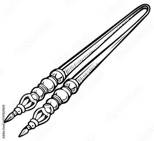 Elegant decorative tongs illustration in black and white, food serving utensils