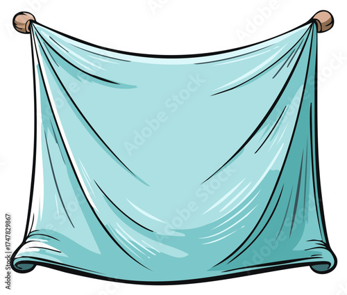 Light blue draped fabric on wooden poles, cartoon style