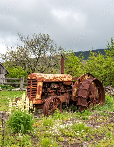 Weathered tractor in rural landscape, overcast day