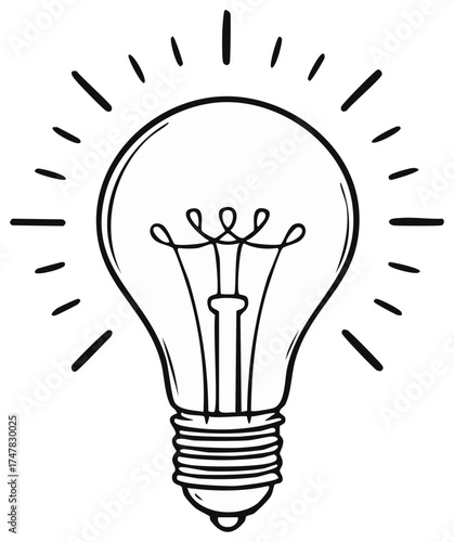 Lightbulb Line Drawing with Rays - Concept, Idea, Innovation Icon